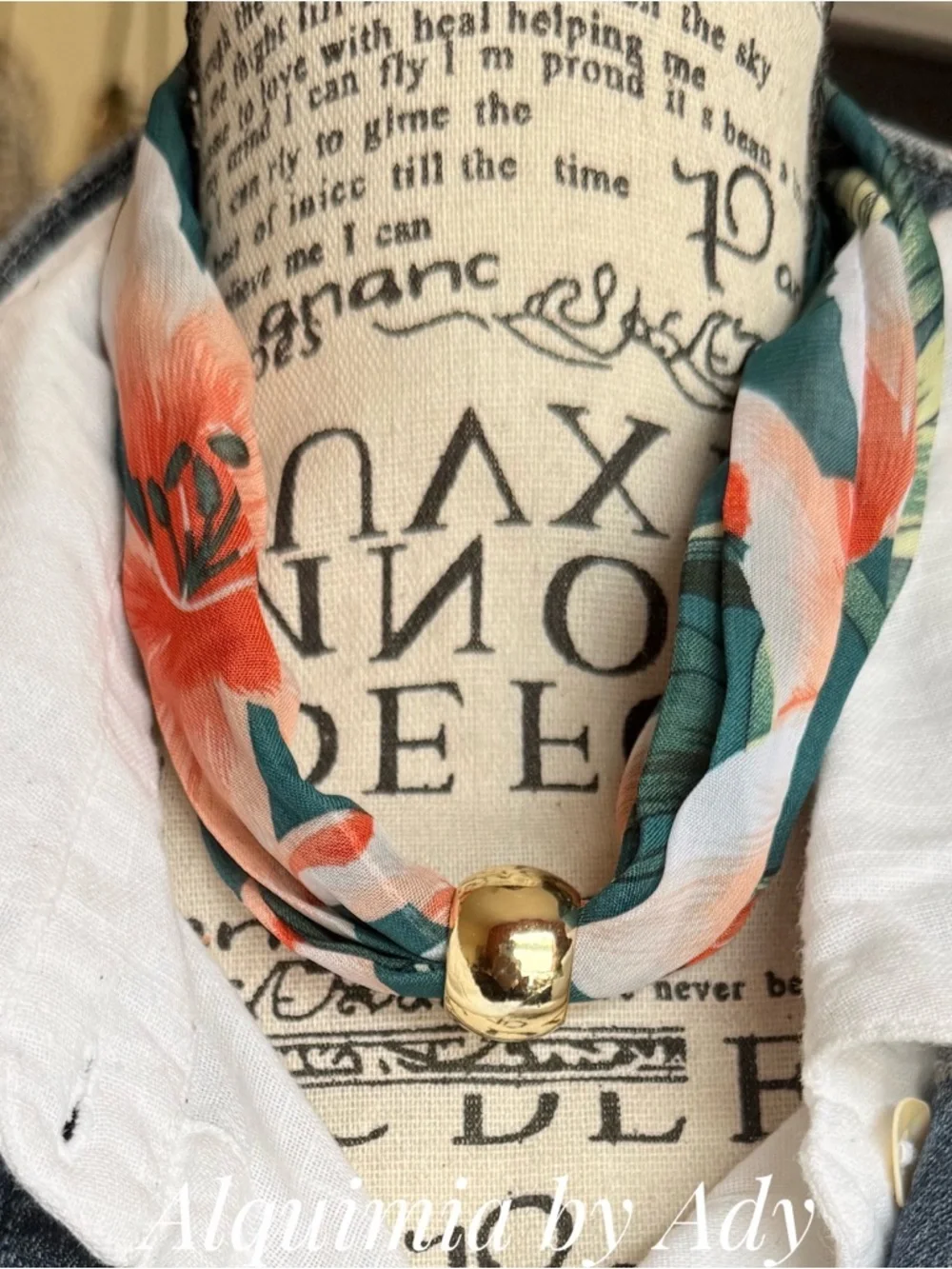 Floral Scarf Necklace with Gold ring Bead - Green & Coral